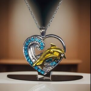 Unique Gold Dolphin Jumping Thru A Wave In Side Of A ❤️ Pendant Silver  Necklace